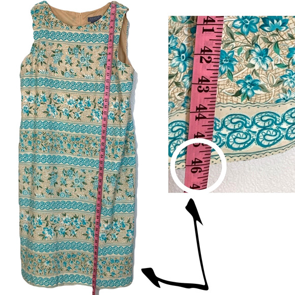 Midi Sleeveless Sheath Dress Floral Blue/Tan Women 18 Slit Career Koret Vintage - Picture 11 of 16